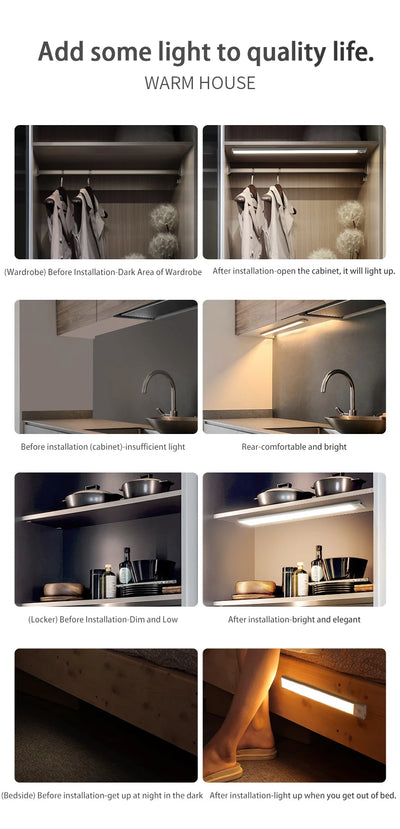 Led night light sensor de movimento sem fio usb armário luz noturna lâmpada para armário de cozinha quarto guarda-roupa 20/30/40/60cm