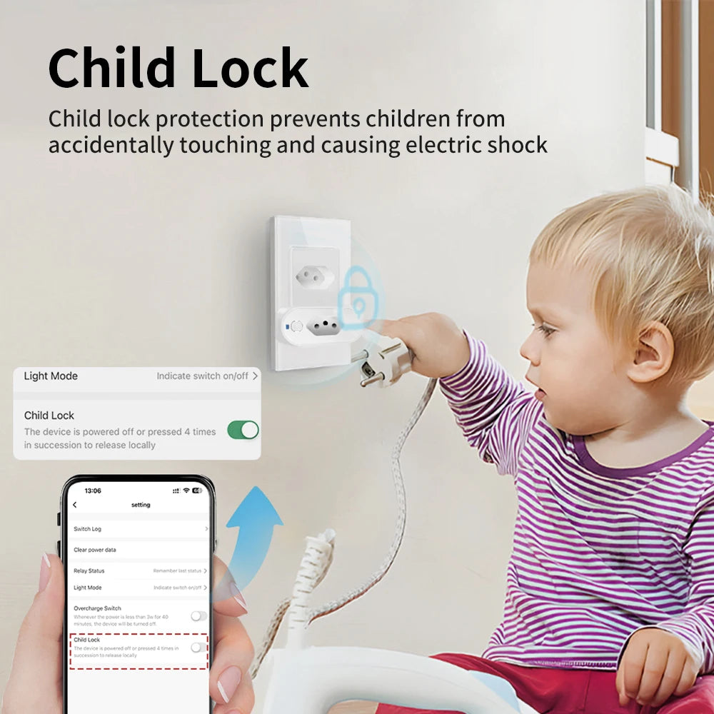 TNCE Tuya Brazil Plug 16/20A adapter, WIFI or zigbee socket with Power Monitor, Smart outlet control,Voice for Google Home Alexa