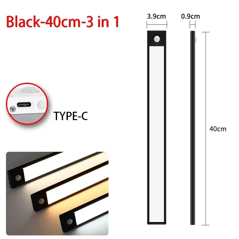 Led night light sensor de movimento sem fio usb armário luz noturna lâmpada para armário de cozinha quarto guarda-roupa 20/30/40/60cm