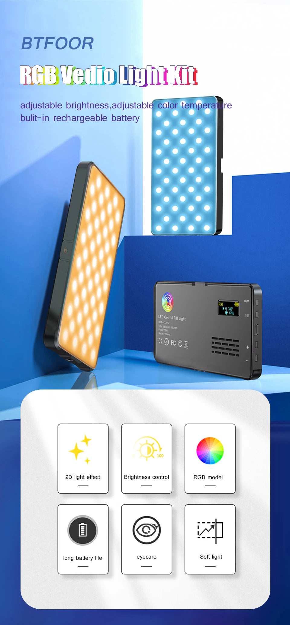RGB LED Video Light Photography Fill Camera Lighting Panel CRI95+ 2500-9000K LCD Display Cold Shoe For Vlog Live Streaming DSLR