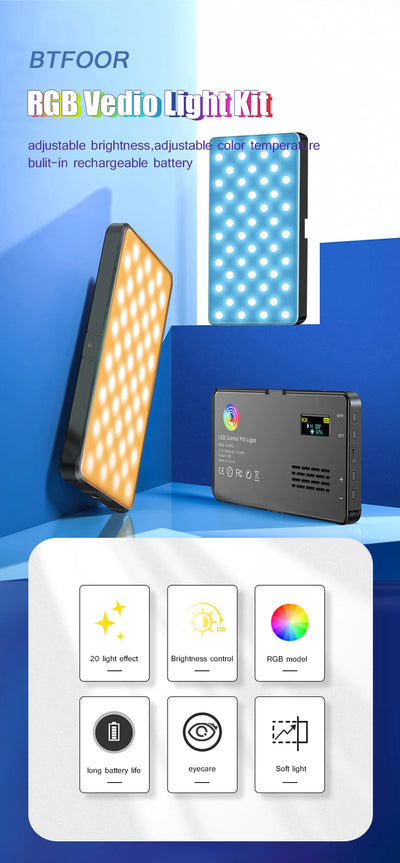 RGB LED Video Light Photography Fill Camera Lighting Panel CRI95+ 2500-9000K LCD Display Cold Shoe For Vlog Live Streaming DSLR
