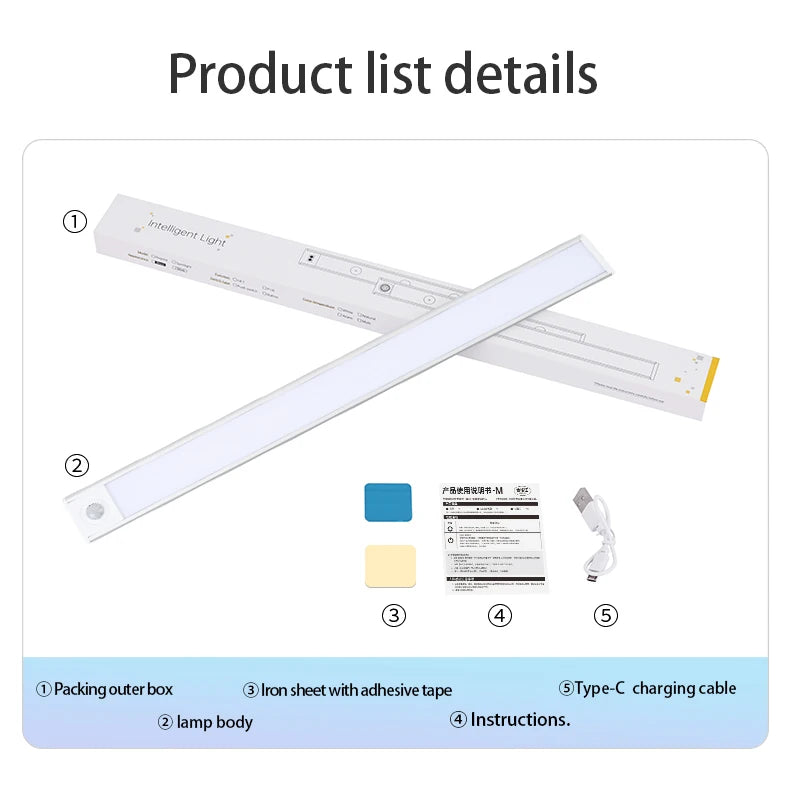 Led night light sensor de movimento sem fio usb armário luz noturna lâmpada para armário de cozinha quarto guarda-roupa 20/30/40/60cm