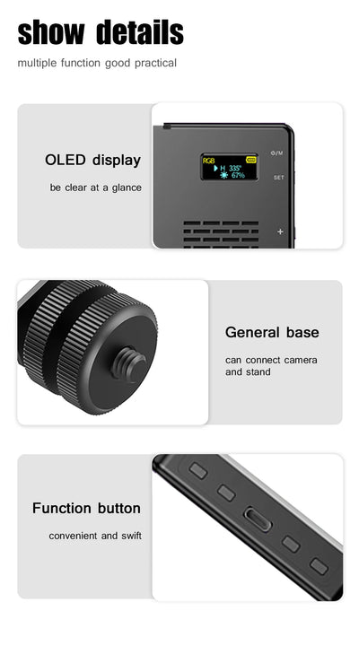 RGB LED Video Light Photography Fill Camera Lighting Panel CRI95+ 2500-9000K LCD Display Cold Shoe For Vlog Live Streaming DSLR