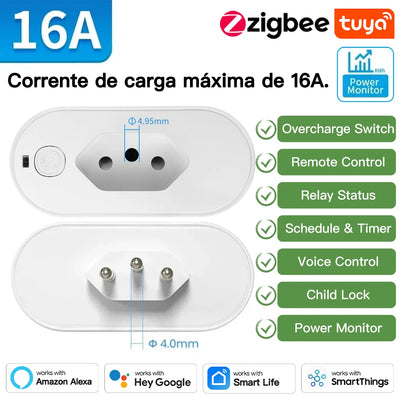 TNCE Tuya Brazil Plug 16/20A adapter, WIFI or zigbee socket with Power Monitor, Smart outlet control,Voice for Google Home Alexa