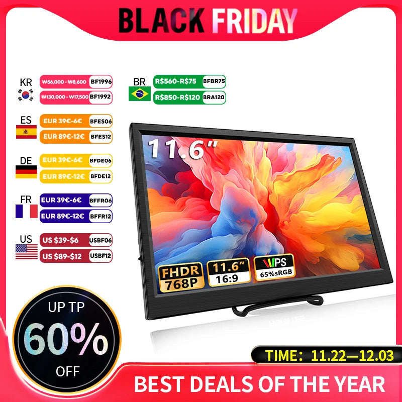 11.6 Inch Portable Monitor HDMI-Compatible Laptop second screen Gaming Extended Display For Switch/PS4/Xbox/Raspberry Pi