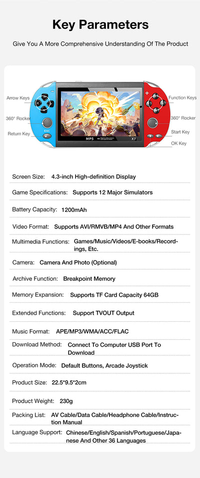 X7 Dual Joystick Handheld Game Console 4.3 Inch HD Large Screen Supports 12 Emulator Games Built-in 10000 Games