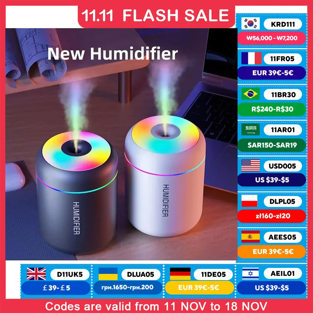 180ML Mini Air Humidifier USB Electric Aroma Diffuser Essential Oil Purifier Aromatherapy Mist Maker Lights For Car Home Bedroom