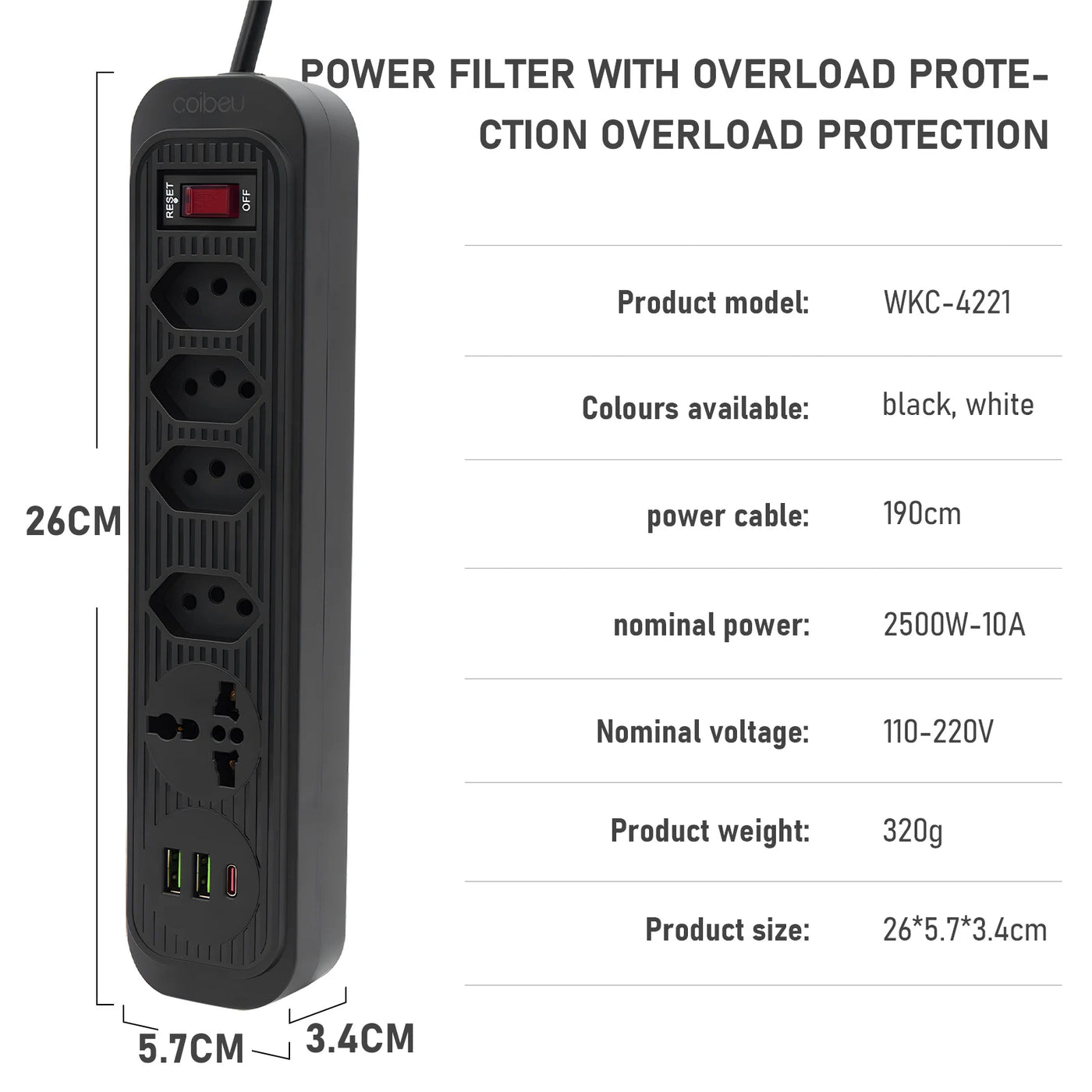 Extension Outlet, Line Filter, Power Extension, USB Socket, Plug, Water Plug, Brazil Line Filter, 100-220V,10A