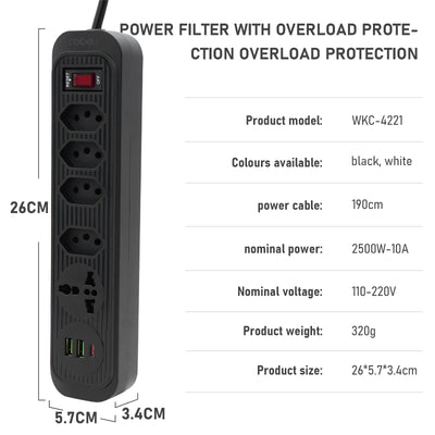 Extension Outlet, Line Filter, Power Extension, USB Socket, Plug, Water Plug, Brazil Line Filter, 100-220V,10A