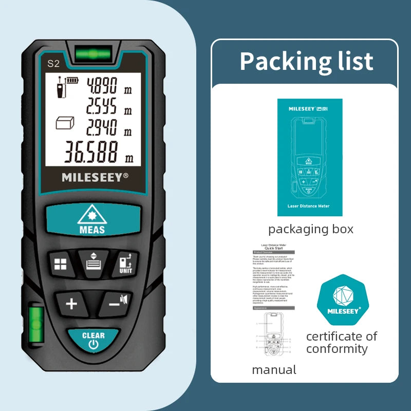 MILESEEY Laser Distance Meter S2 40M 60M 80M 100M 120M Laser Rangefinder,Trenas a Laser with Multi Measurement Function