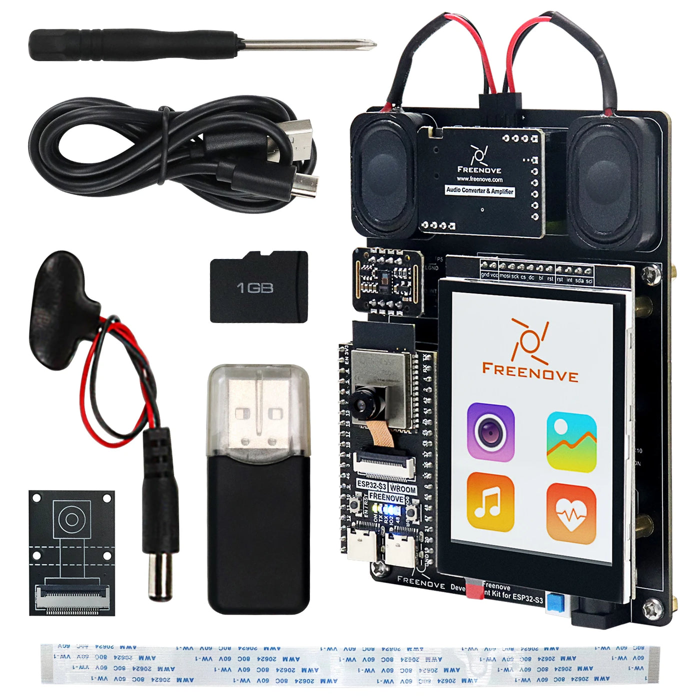 Freenove Development Kit for ESP32-S3 CAM Wireless, Dual-core 32-bit 240 MHz, Touch Screen Stereo Speakers Heart Rate Sensor